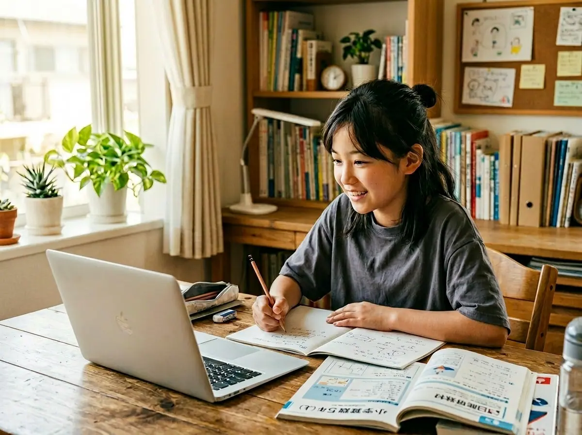 塾のテキストとノートを広げながらオンライン授業を受ける小学生