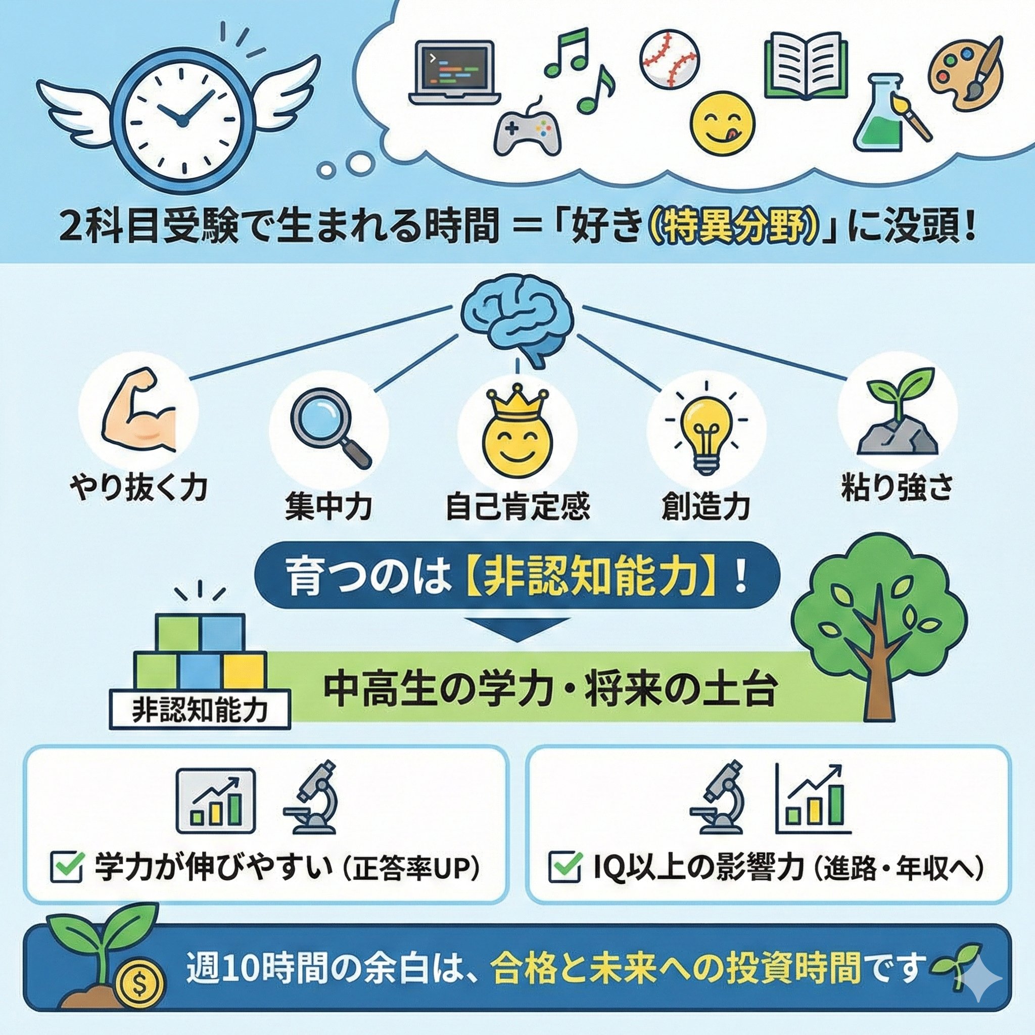 2科目受験で生まれる時間＝「好き（特異分野）」に没頭！やり抜く力・集中力・自己肯定感・創造力・粘り強さなどの非認知能力が育ち、中高生の学力・将来の土台になる図解