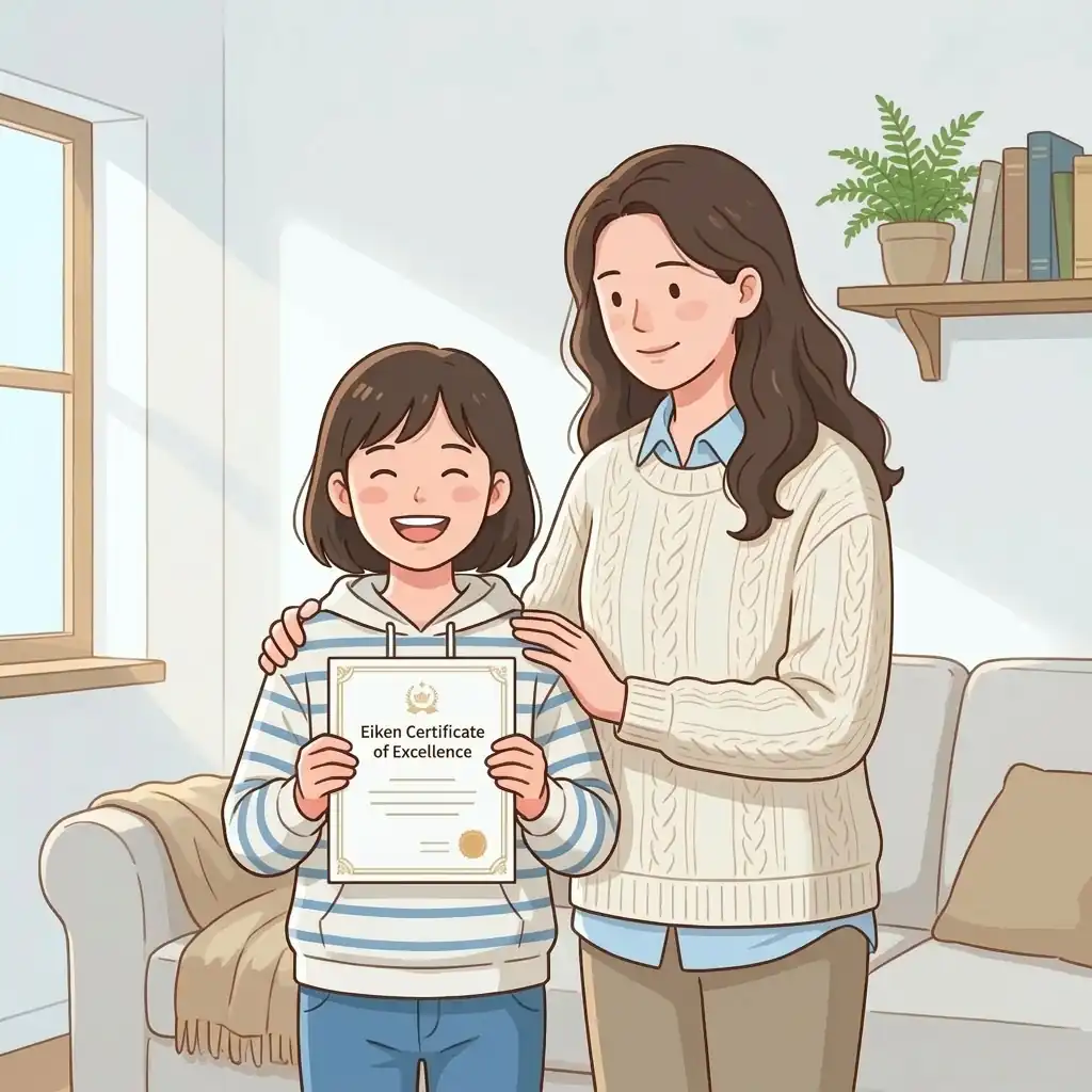 英検合格して喜ぶ女の子とお母さん