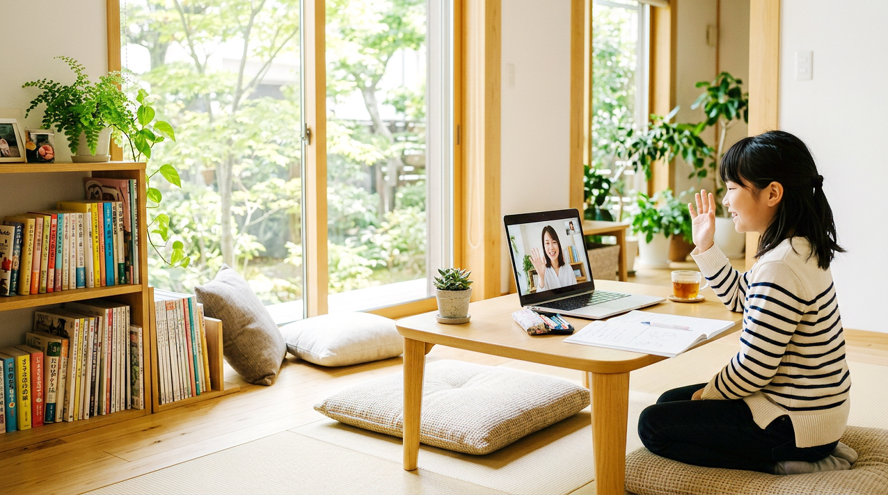 光あふれるリビングでオンライン学習をする子ども