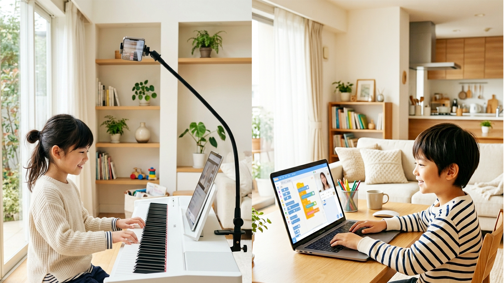 オンラインでピアノやプログラミングを楽しむ子どもたち