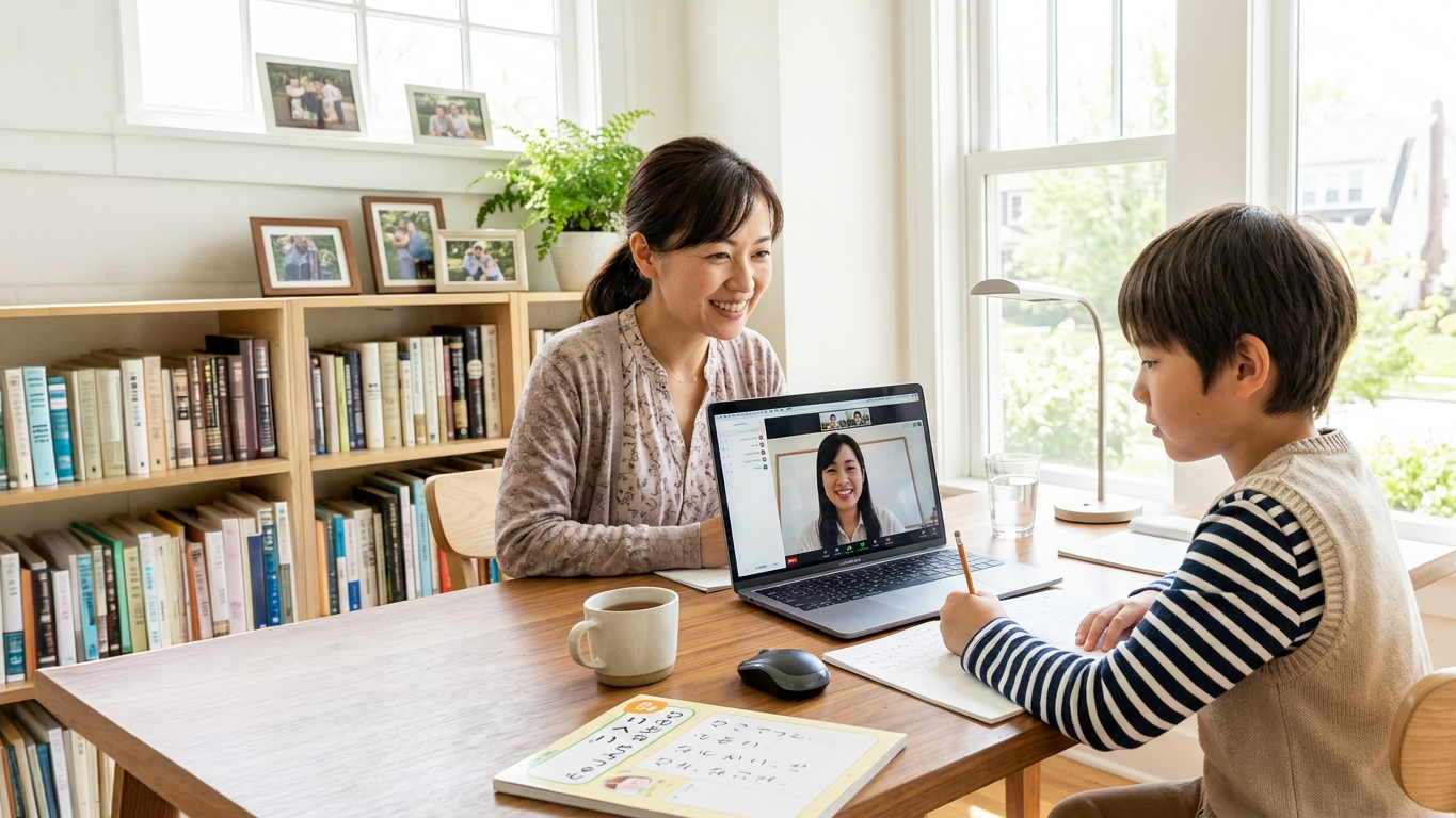 海外在住の日本人家庭がオンラインで学ぶイメージ