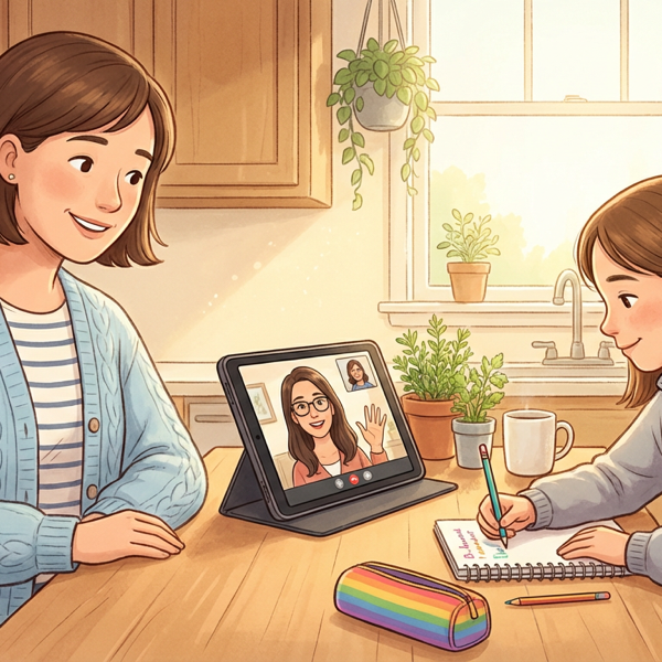 海外在住の親子がオンライン学習するイメージ